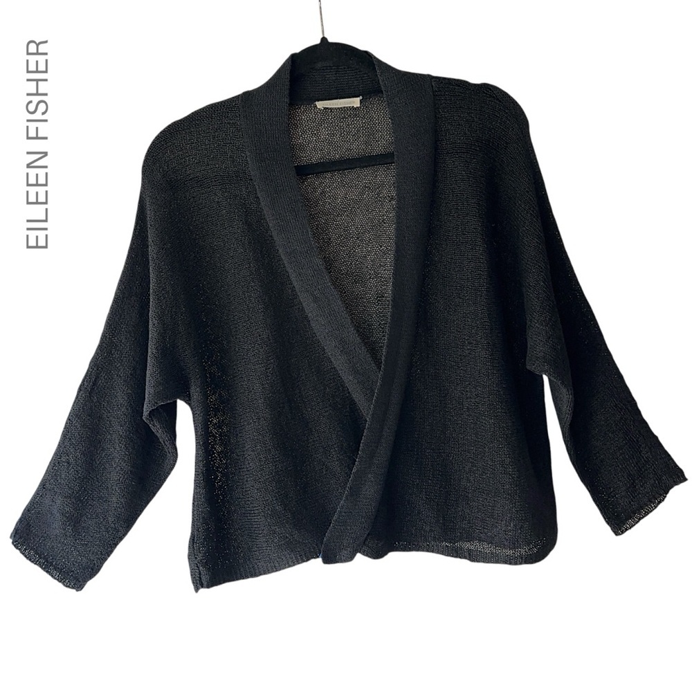 EILEEN FISHER NWOT BLACK LINEN BLEND MESH KNIT OPEN FRONT CARDIGAN SWEATER SMALL